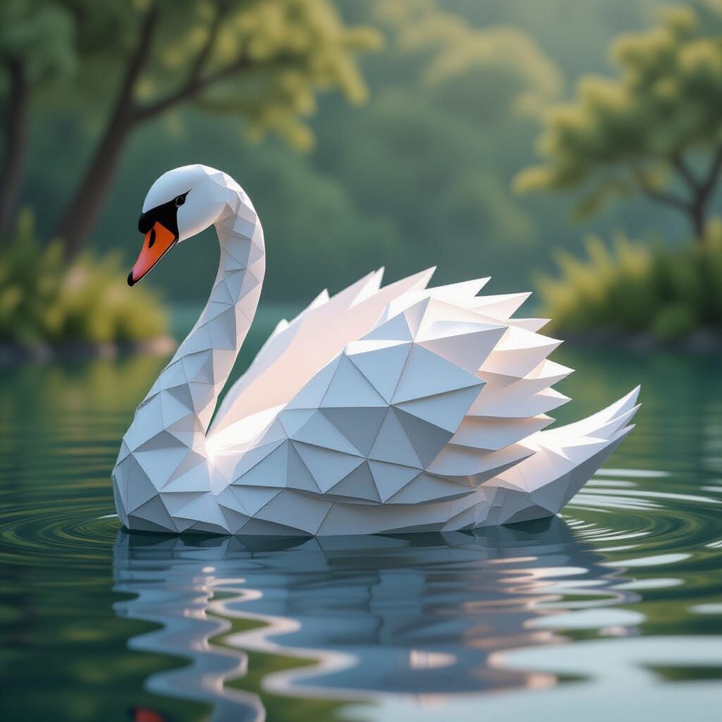 Origami Swan on Tranquil Lake in Hyperrealism