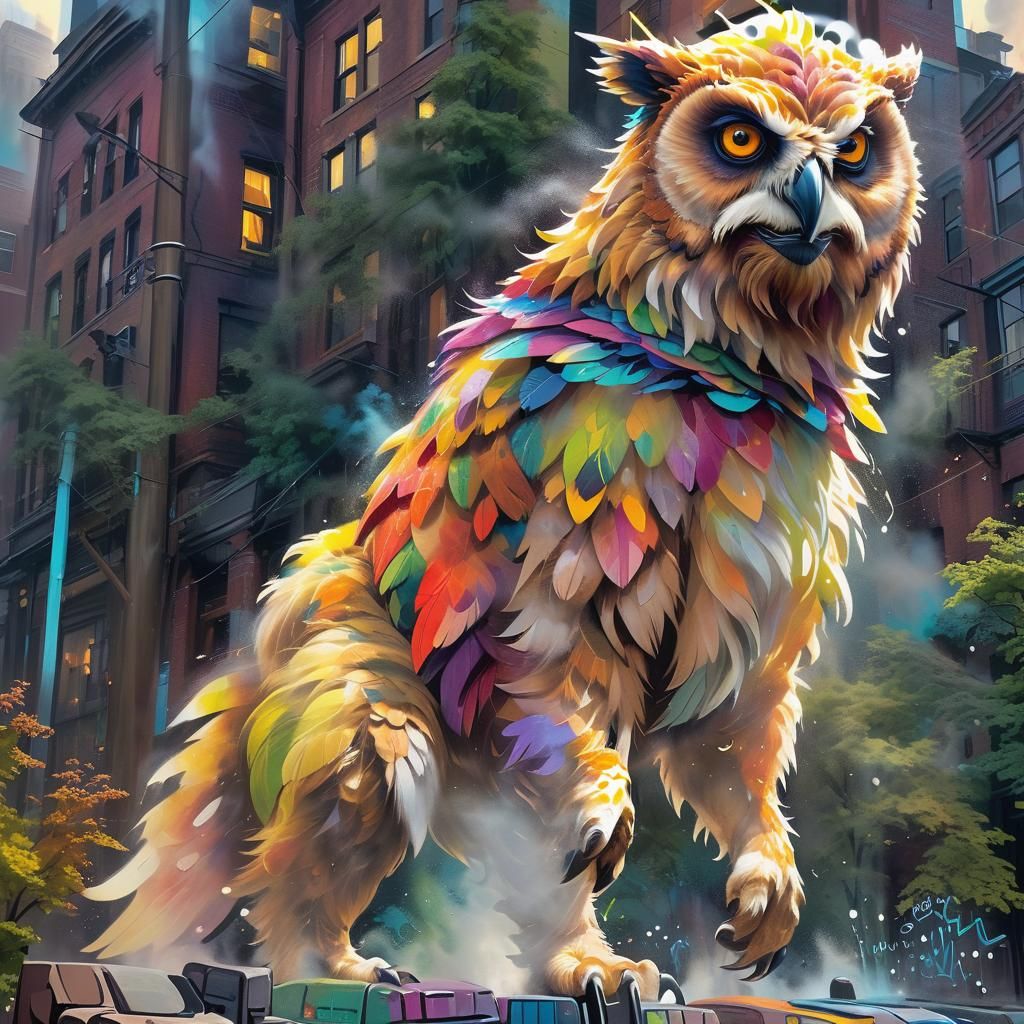 An giant DnD inspired owlbear graffiti art
