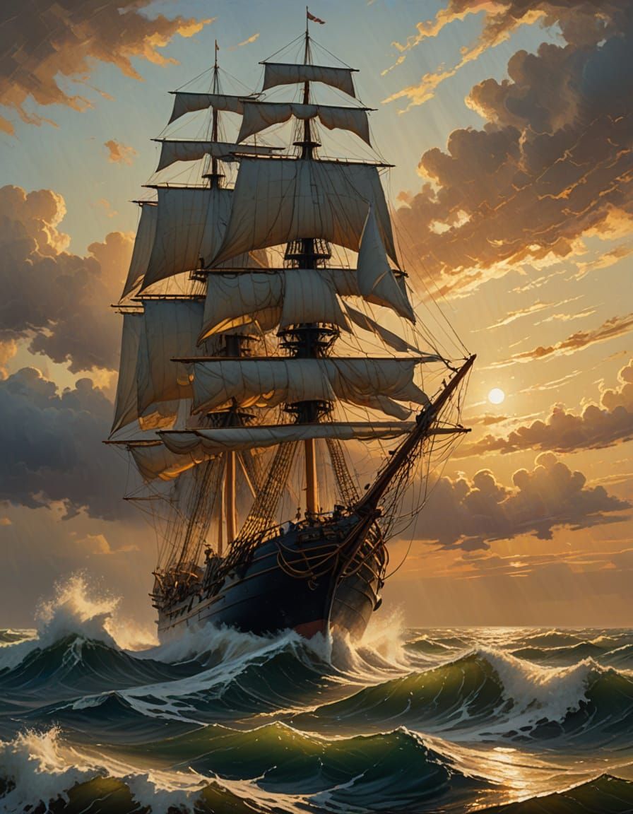 Dramatic Oil Painting of a Sailing Ship in Turbulent Seas