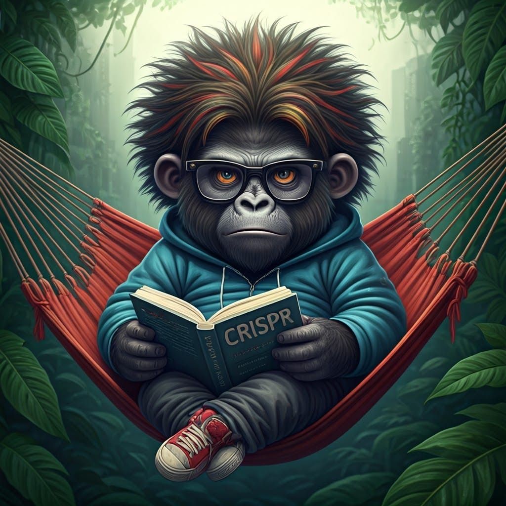 Chibi Gorilla Reading CRISPR in Jungle Cityscape