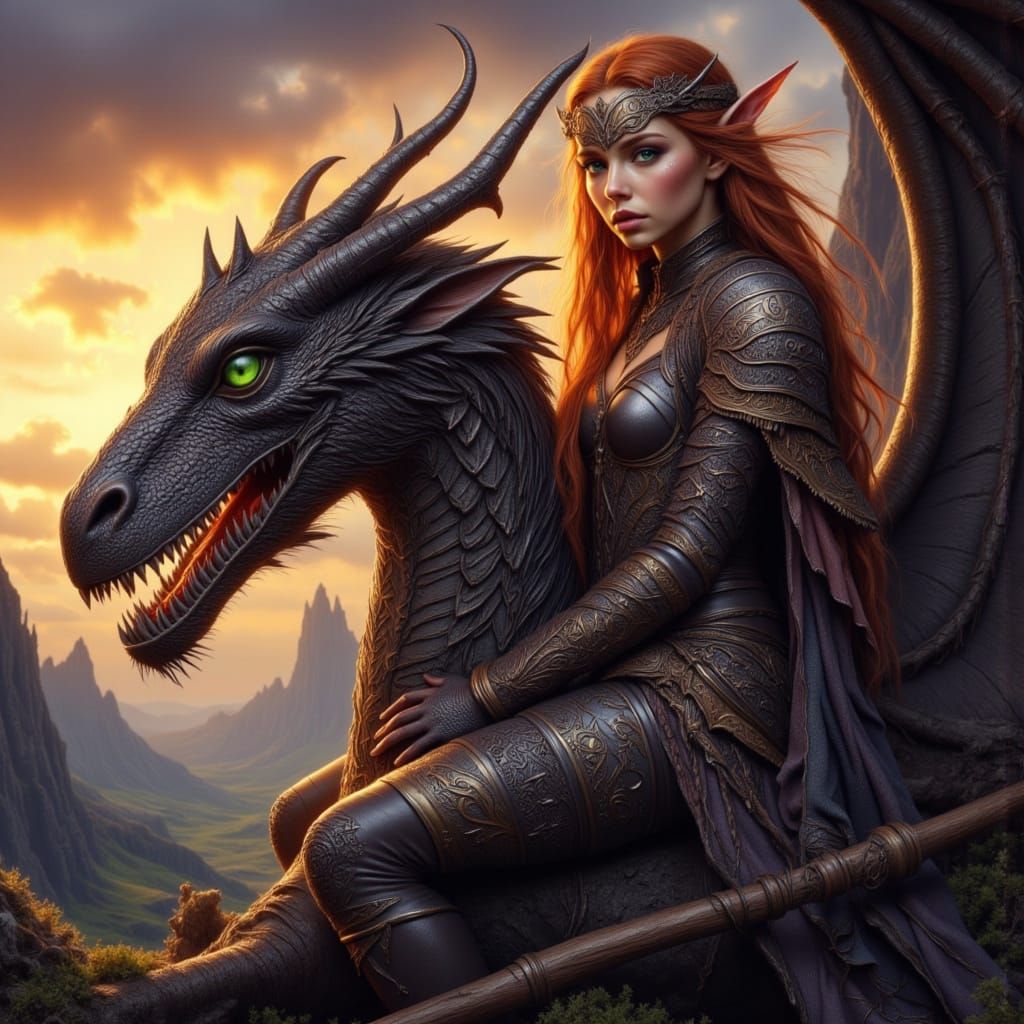 Elven Warrior on Dragon in Photorealistic Style