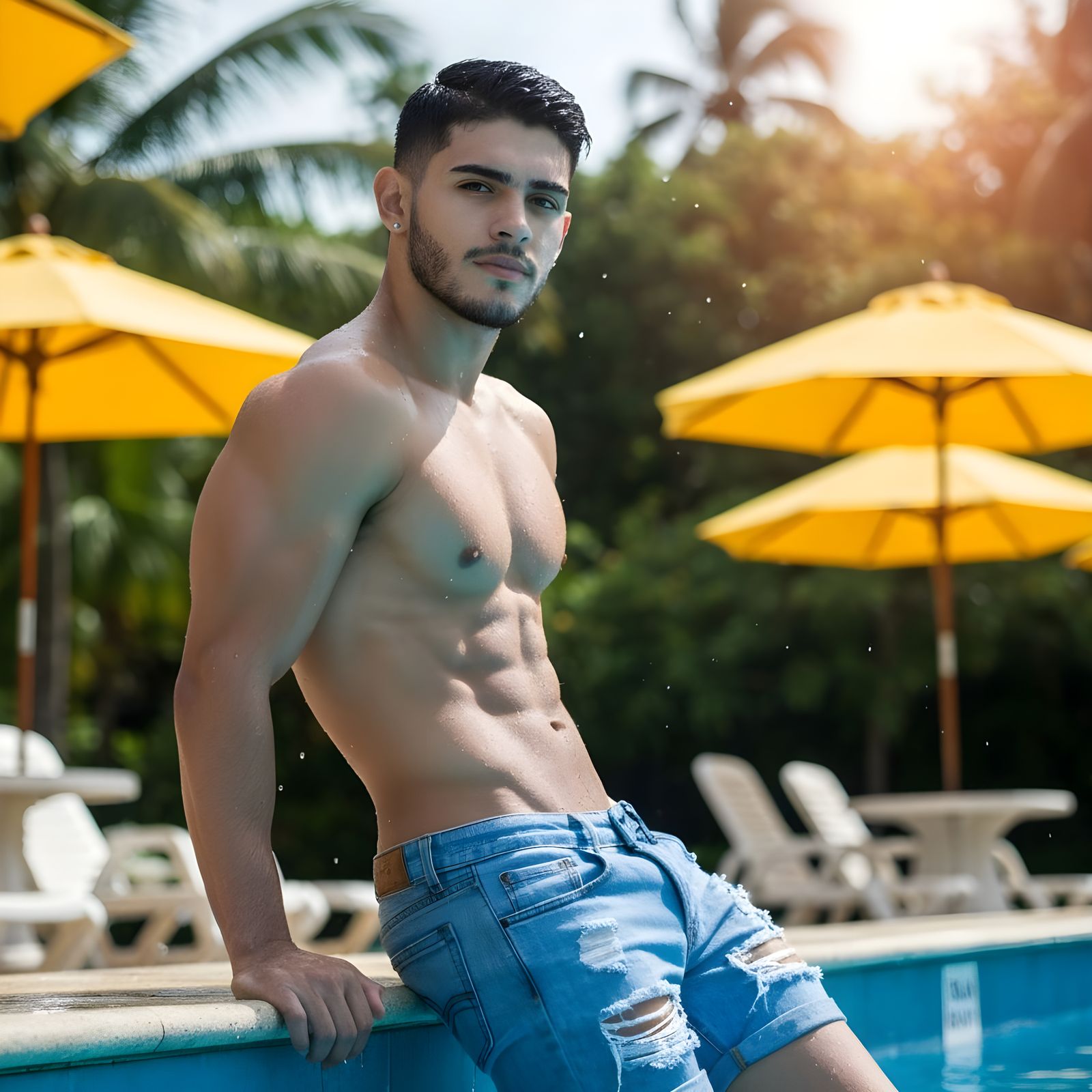 Muscular Young Man by Pool in Tropical Setting
