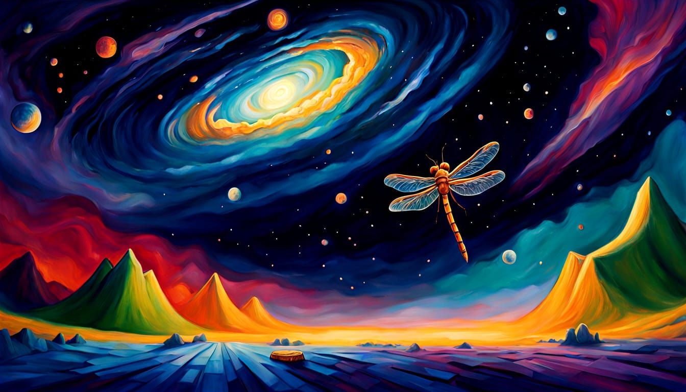 Dragonfly Flies Through Cheesecake Galaxy Oil Painting