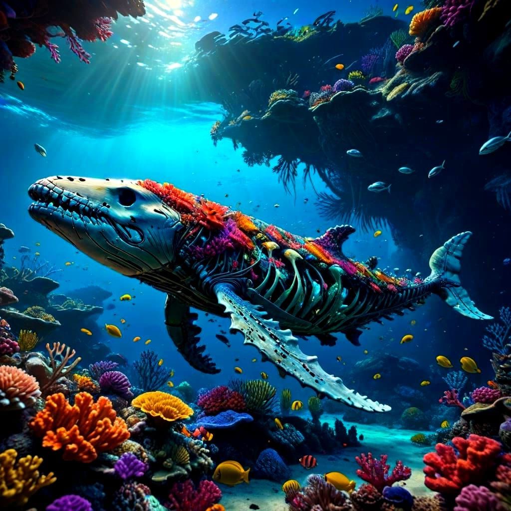 Skeletal Whale Explores Vibrant Coral Reef