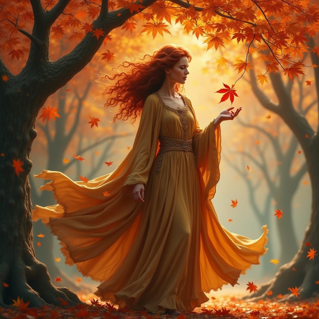Majestic Goddess in Vibrant Autumn Landscape