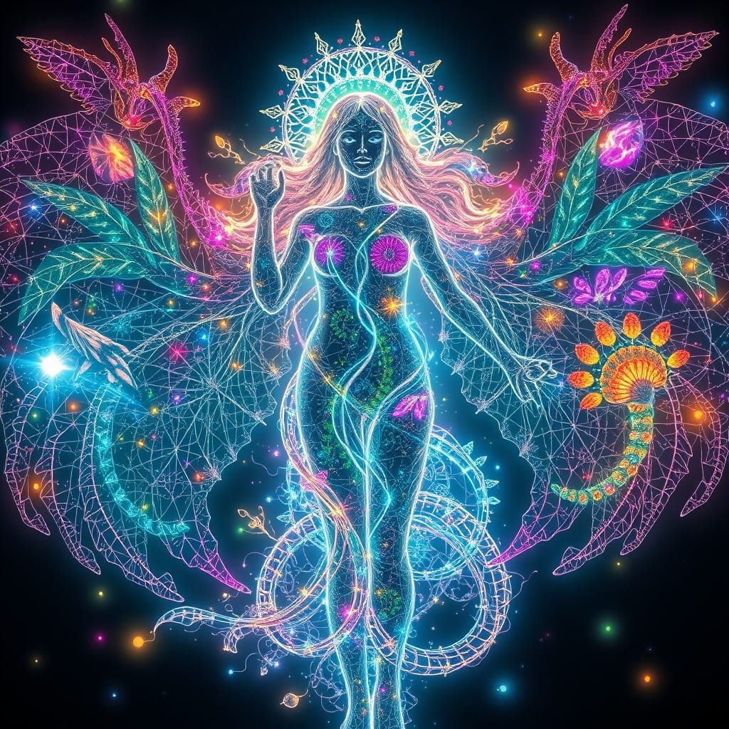 Surreal Maiden Unfolds Mystical Worlds in Dreamlike Harmony