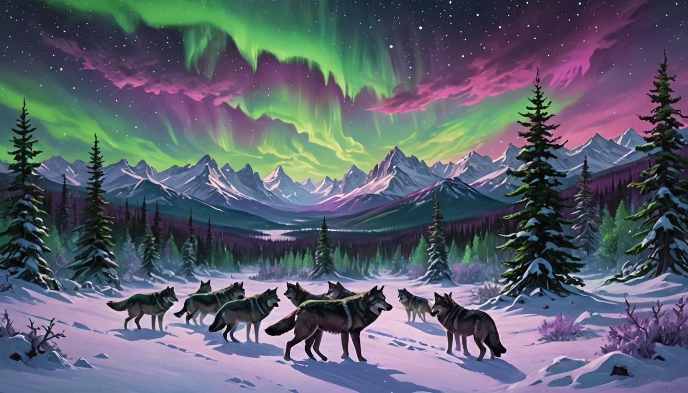 Wolves in Frozen Wilderness Under Aurora Borealis