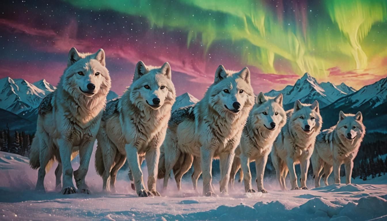 White Wolves Under Aurora, Vibrant Oil Painting