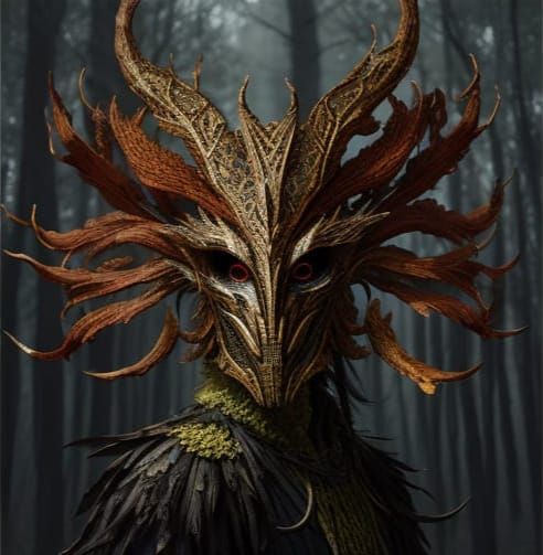 Tribal Mask with Fungal Growth in Forest