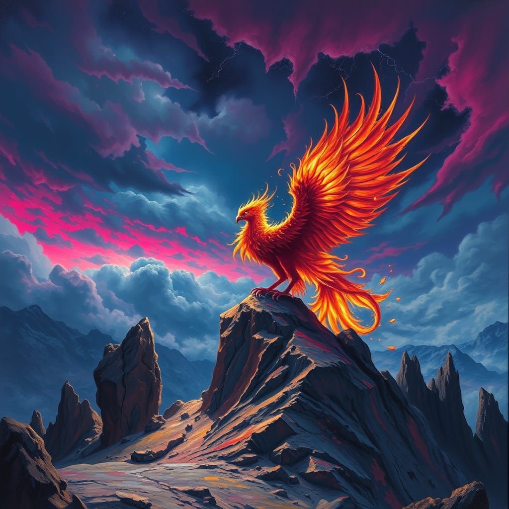 Majestic Phoenix on Mountain Peak Amidst Fractal Lightning
