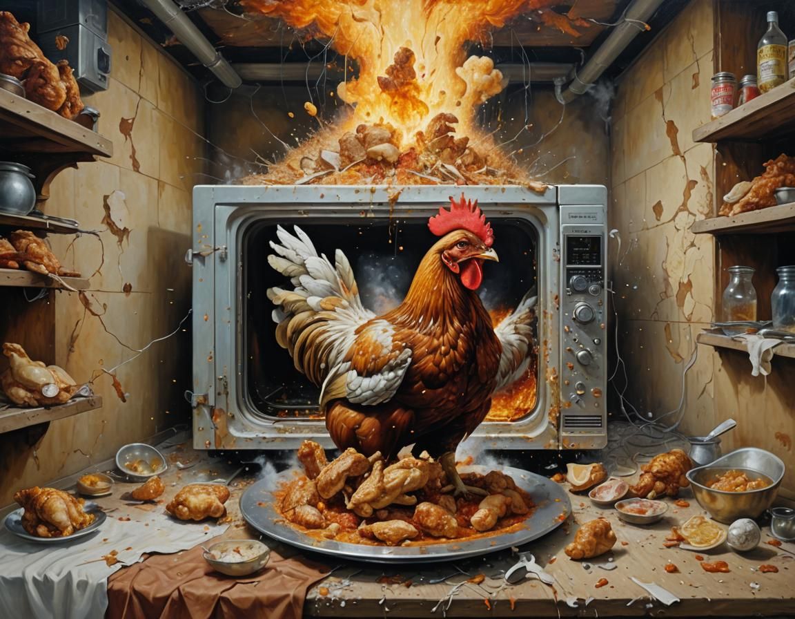 Surreal Microwave Chicken Explosion: An Oil Painting