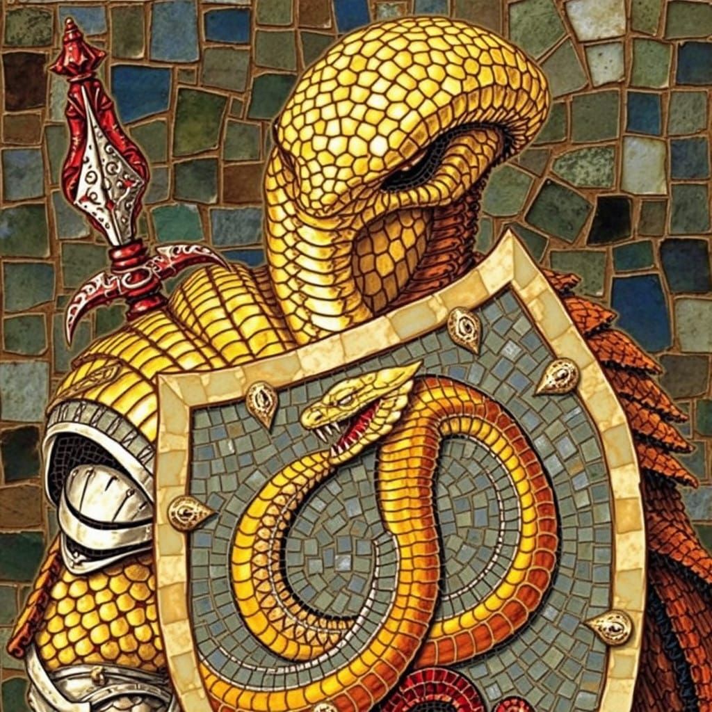 Medieval Fantasy Snake Knight in Mosaic Style