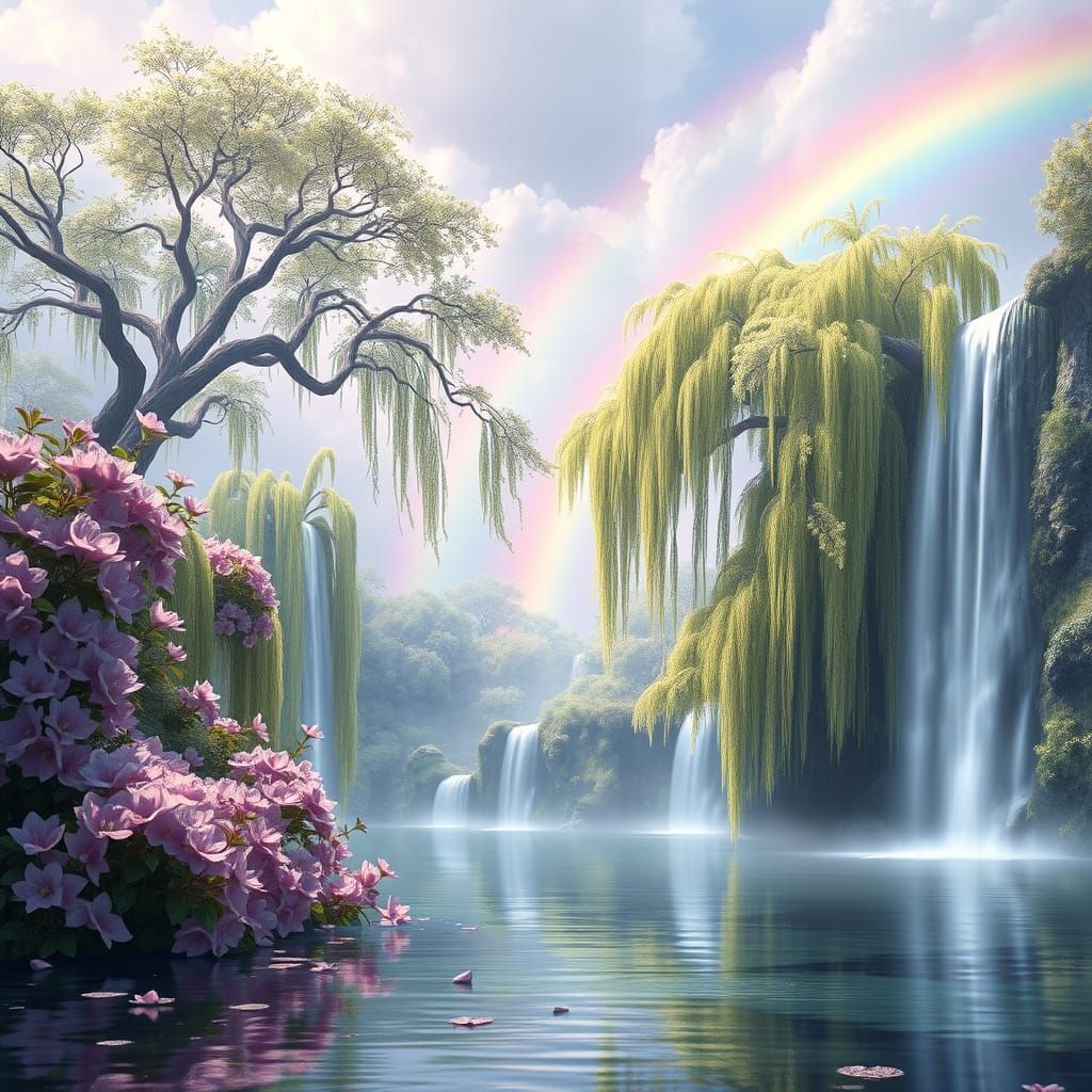 Surreal Waterfall Oasis in Vibrant Oil Painting
