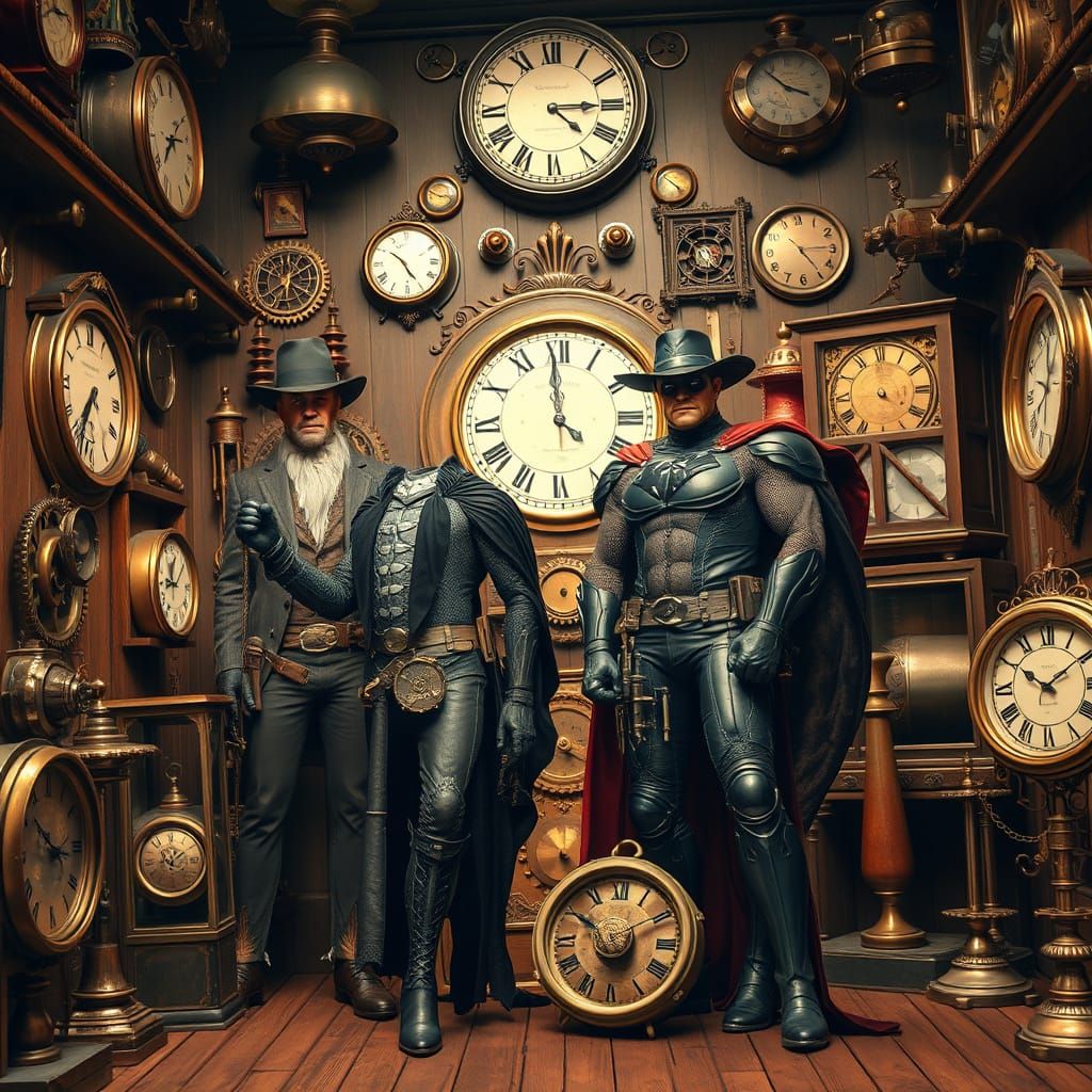 Steampunk Justice League in a Vintage Clock Shop