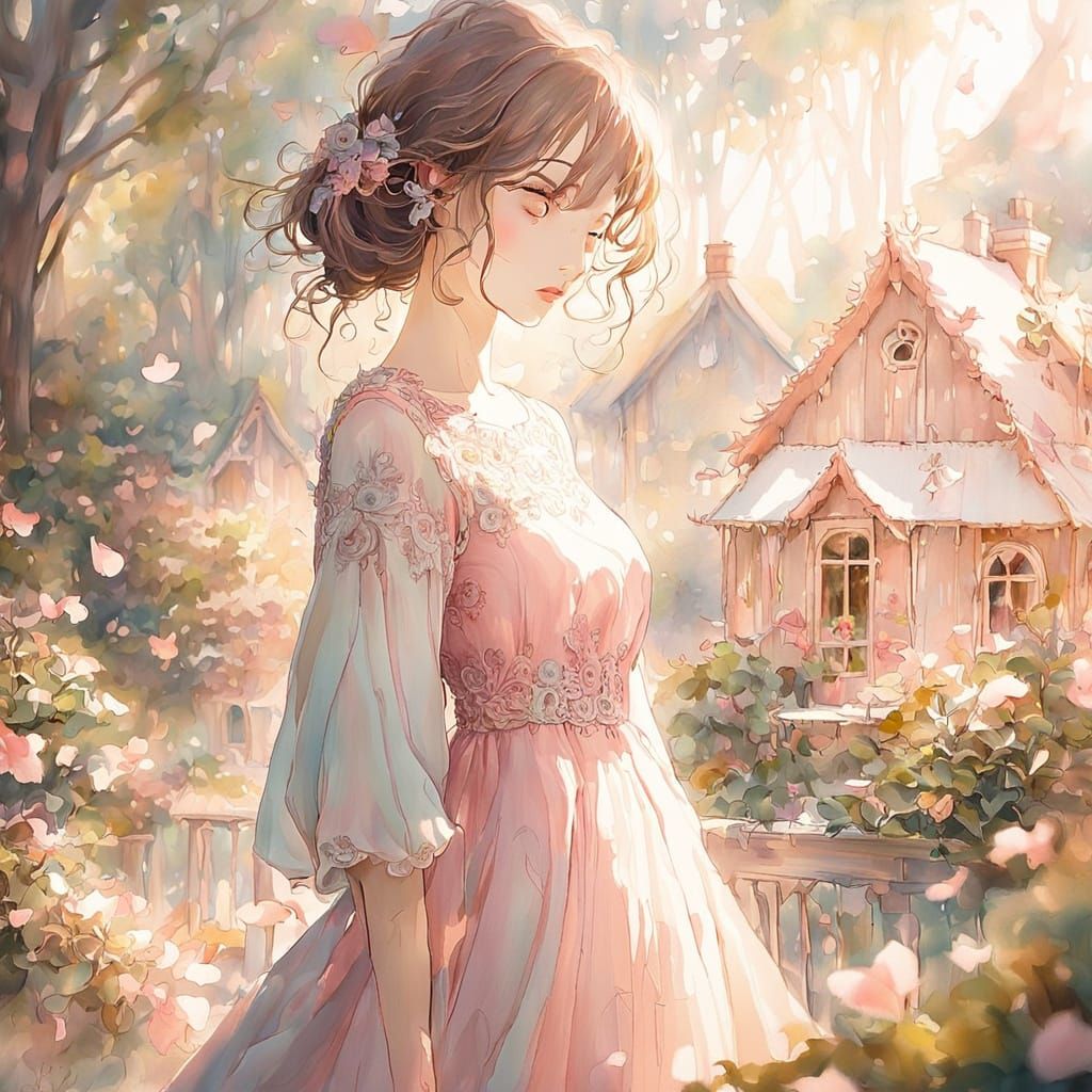Enchanting Anime Girl in Whimsical Garden Scene