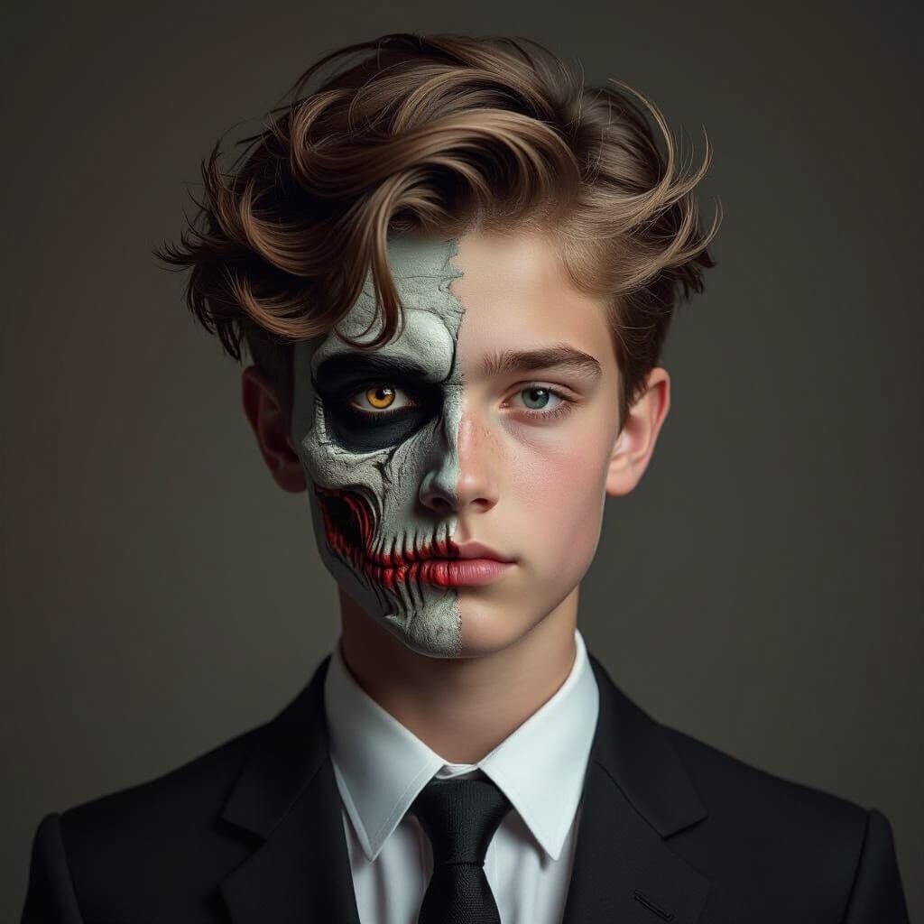 Boy's Face Split Between Human and Monster in Surreal Style