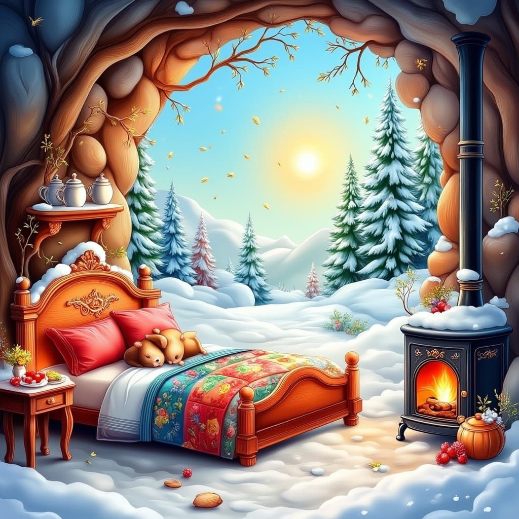 Cozy Winter Cave Scene with Mice in Watercolor