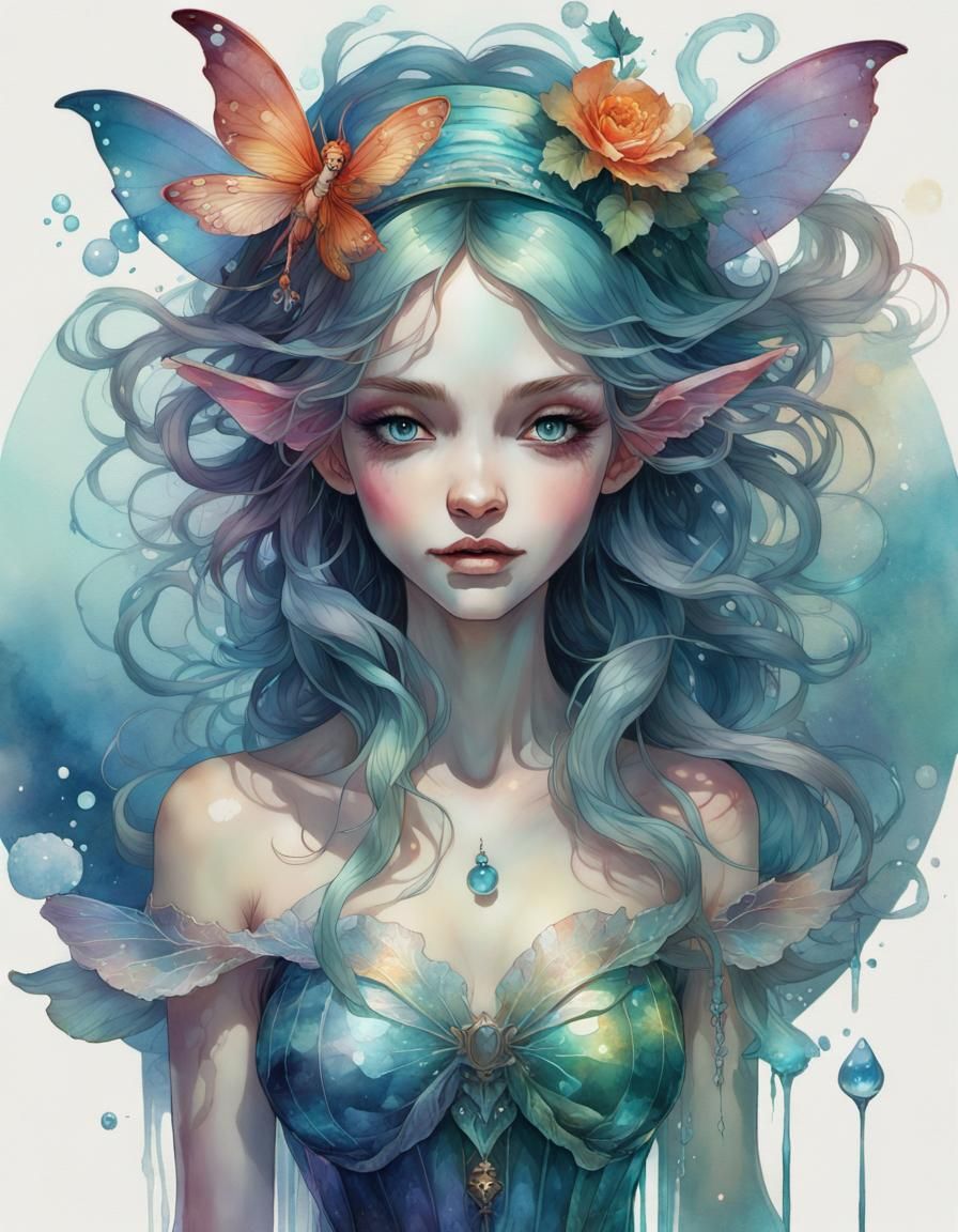 Iridescent Water Fairy in Watercolor Style