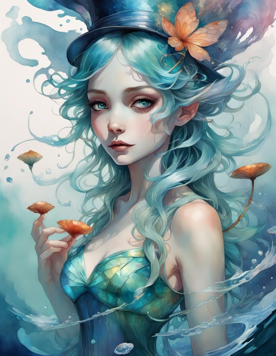 Iridescent Water Fairy in Watercolor Style