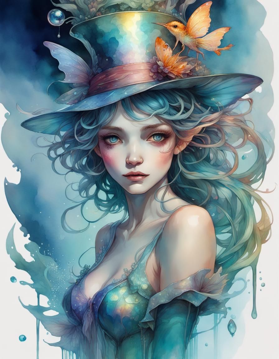 Iridescent Water Fairy in Watercolor Style