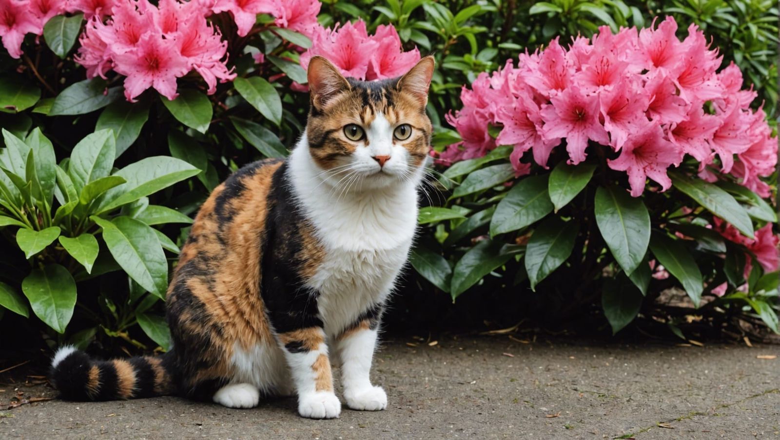 Calico Cat Poses in Front of Rhododendron