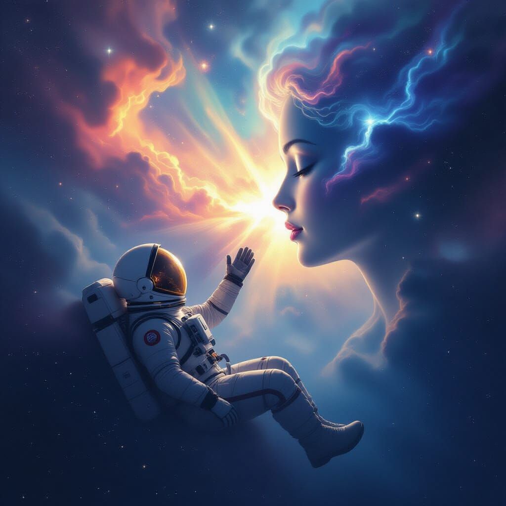 Astronaut Reaches Nebula Woman's Face in Cosmic Ocean