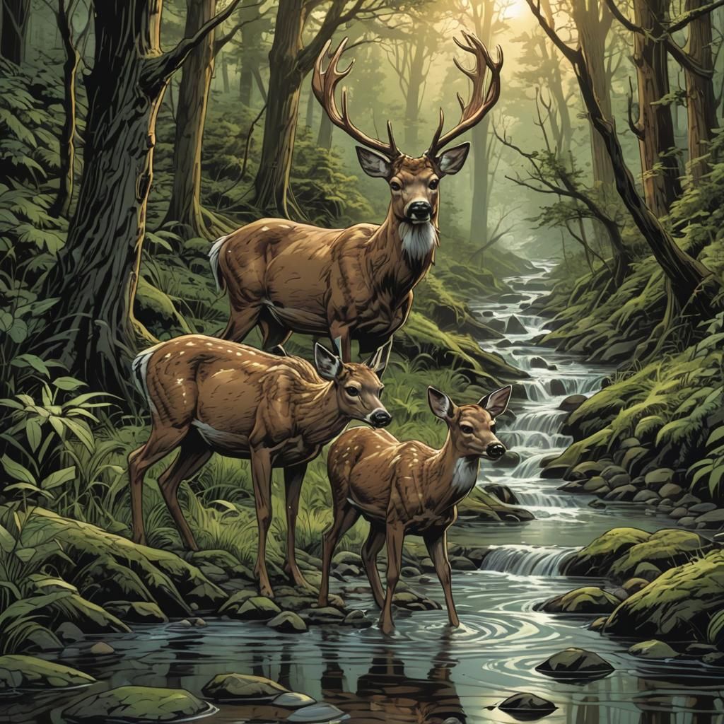 Deer by Stream: Comic Book Art Illustration