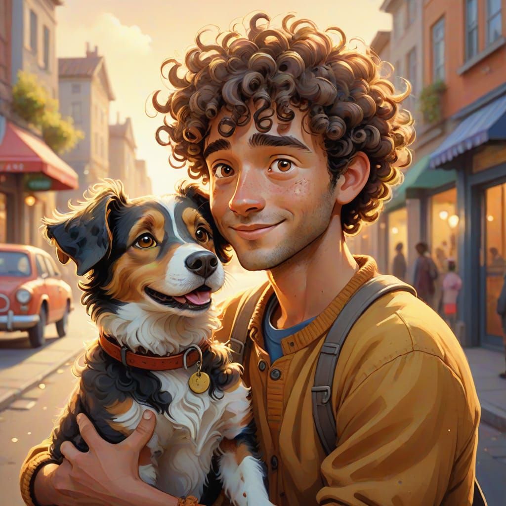 Warm Whimsical Portrait of Man and Lovable Dog