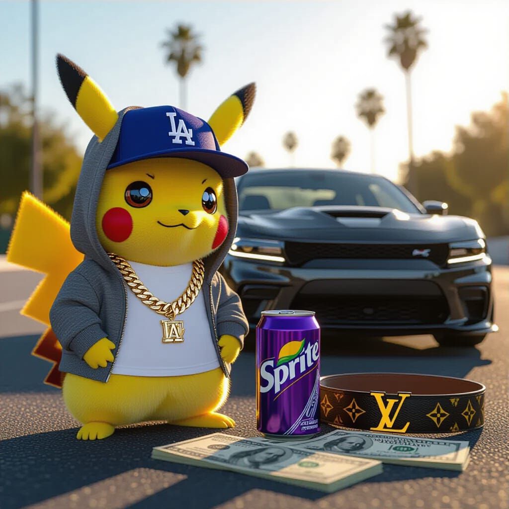 Photorealistic Pikachu with LA Hat, Gold Chain, and Sprite