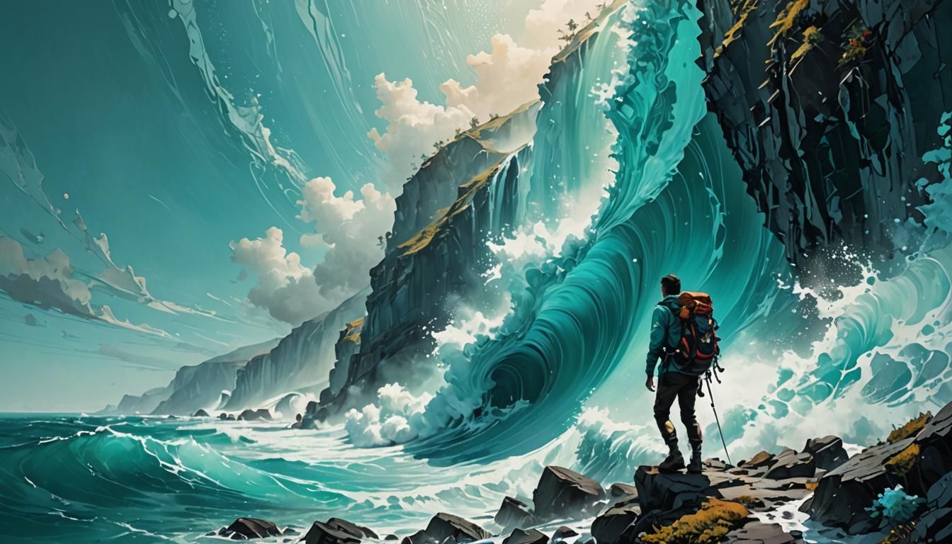 Hiker Scales Frozen Wave in Surreal Dreamscape