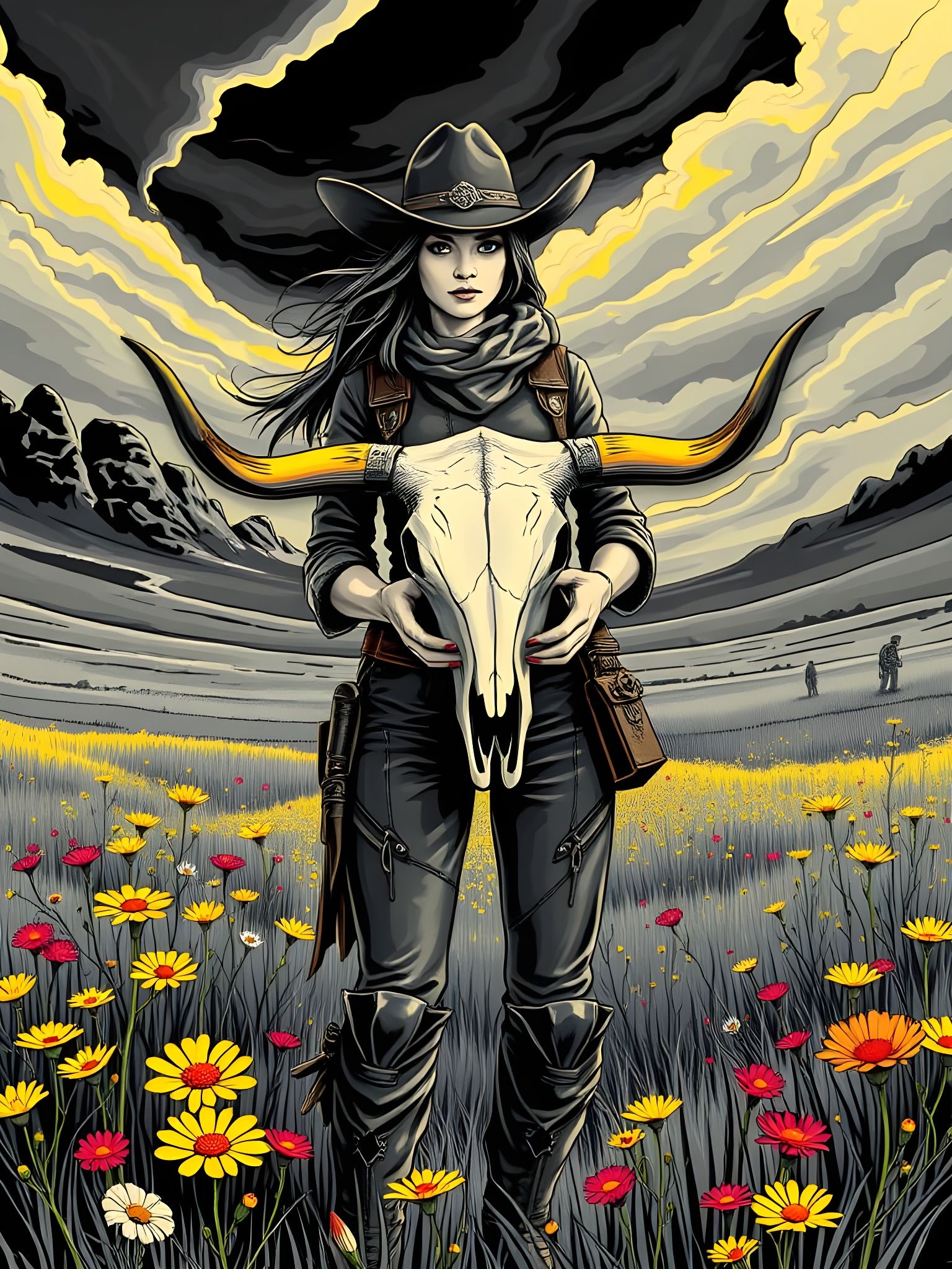 Cowgirl Amidst Wildflowers and Noir Prairie