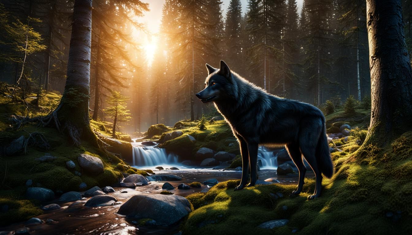 Black Wolf Drinking in Nordic Forest Clearing