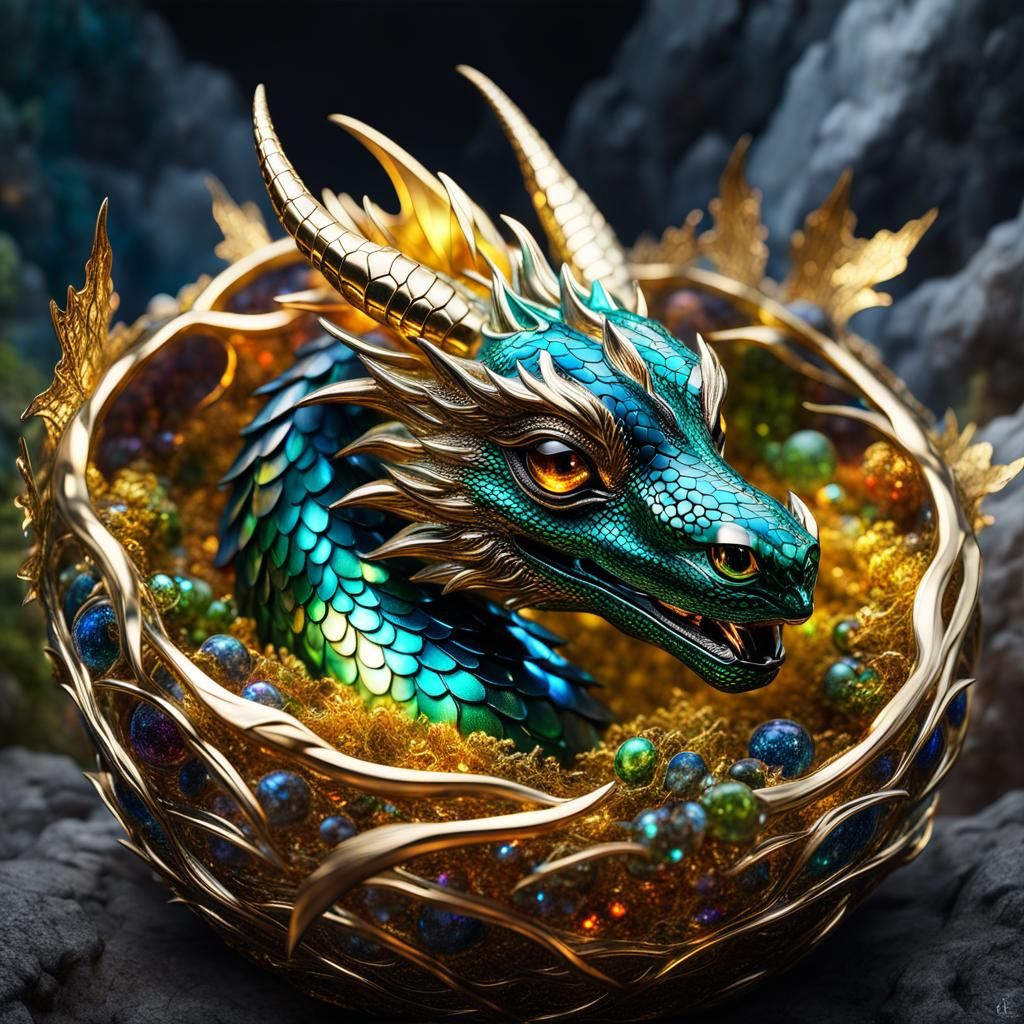Adorable Dragon in Glass and Gold Nest