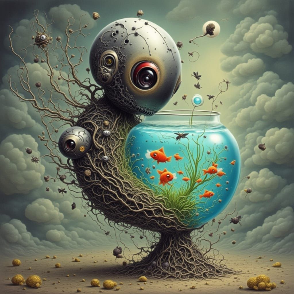 Cute Robot Holding a Fishbowl