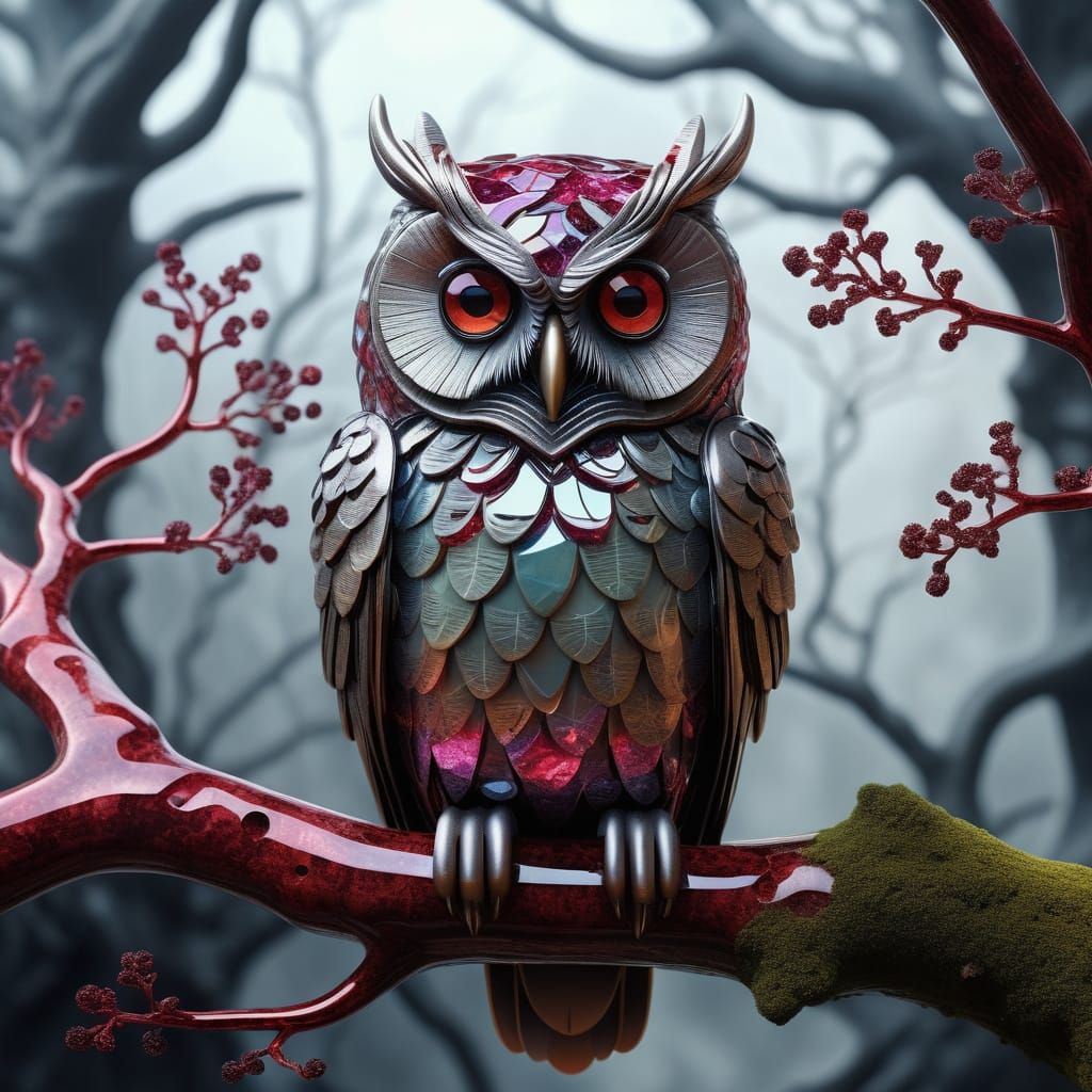 Ruby Owl with Organic Structures in Biomechanical Style
