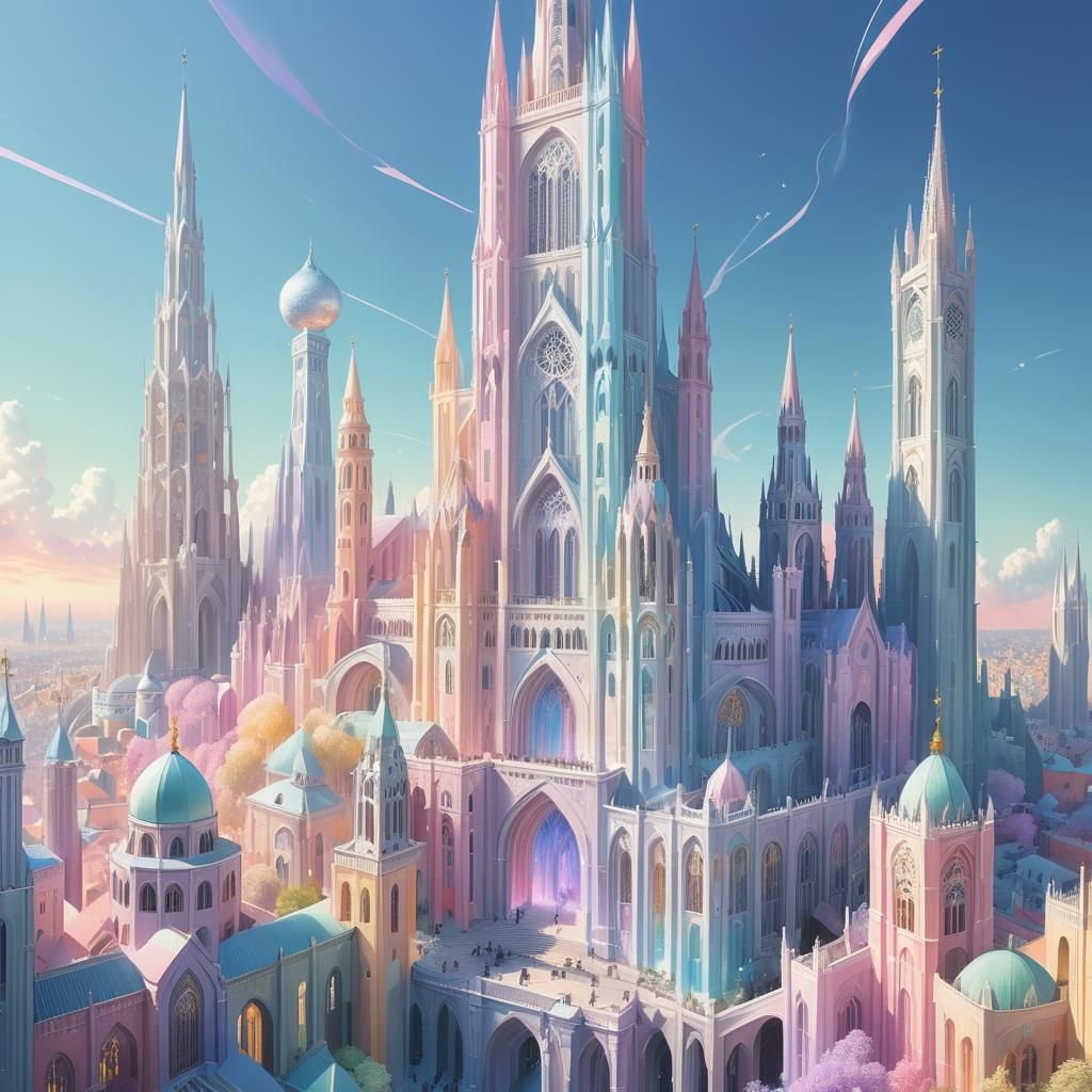 Pastel Fantasy Cityscape with Crystal Tower