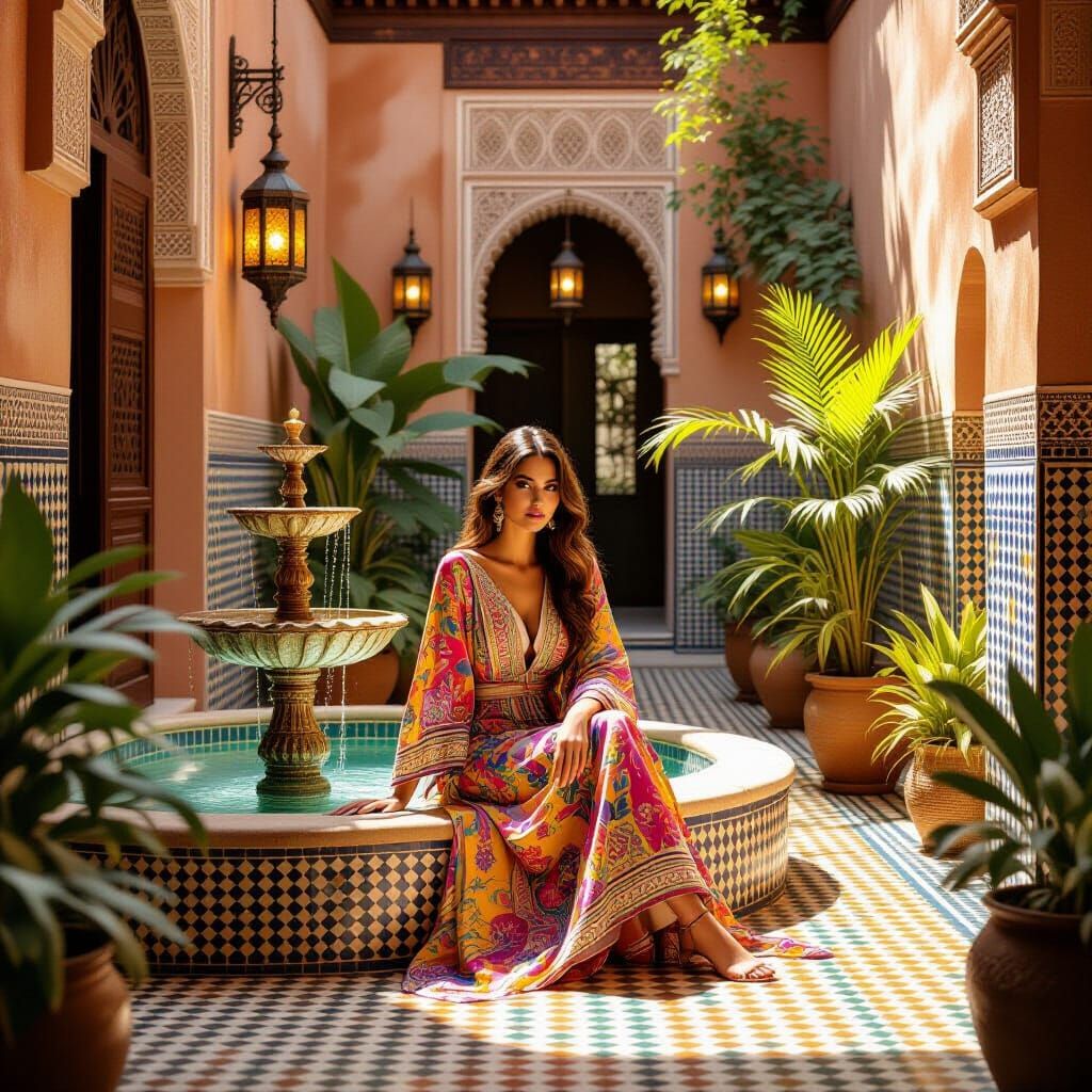 Moroccan Riad Courtyard with Serene Woman, Hyperrealistic Re...