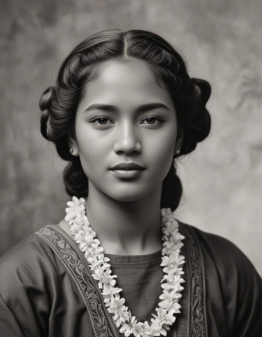 Hyperrealistic Portrait of a Happy Hawaiian Woman in Traditi...