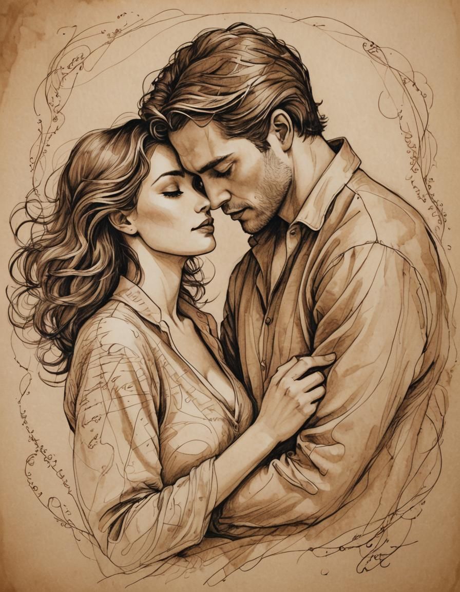 Romantic Embrace in Pen and Ink on Parchment