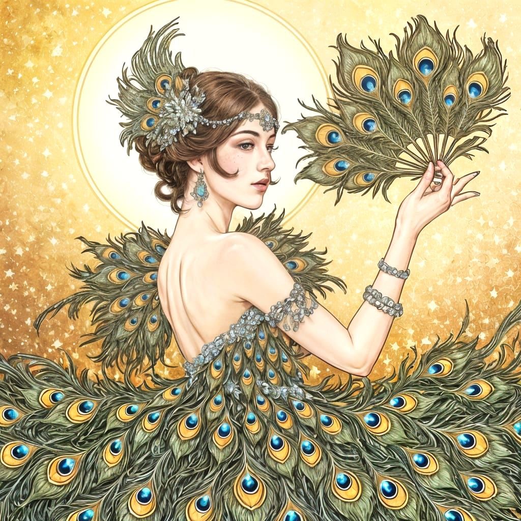 Baroque Portrait of Elegant Woman in Peacock Dress