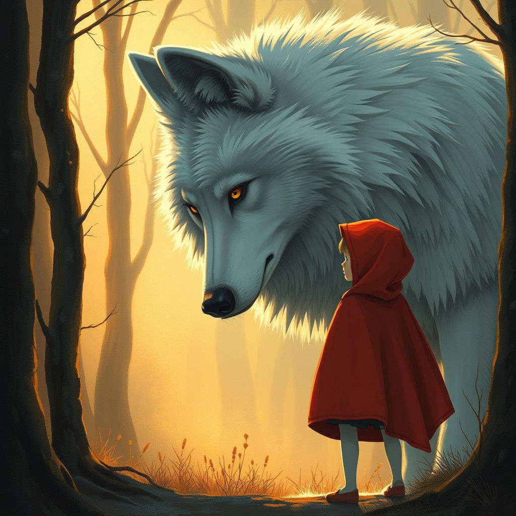 Realistic Wolf Sidelong Glance at Red Ridinghood