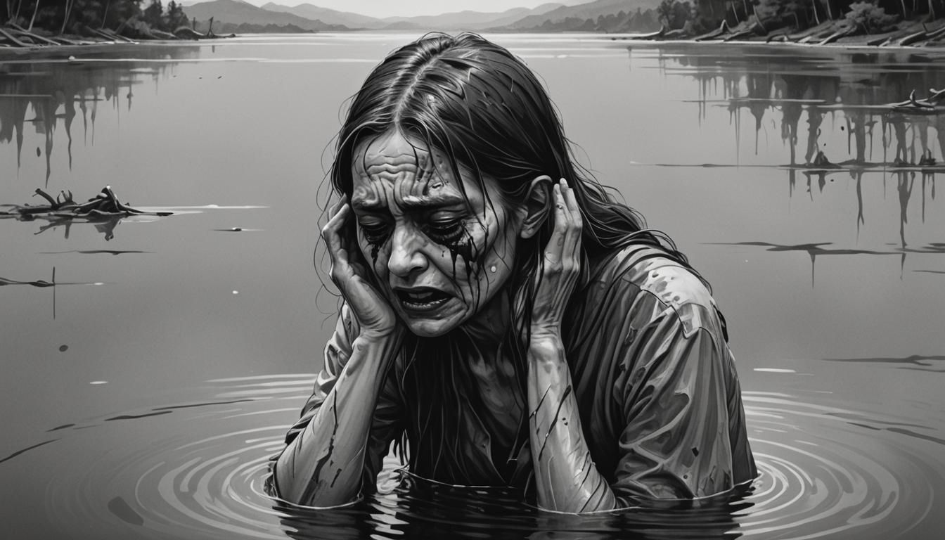 Grayscale Sketch of a Weeping Woman in Lake