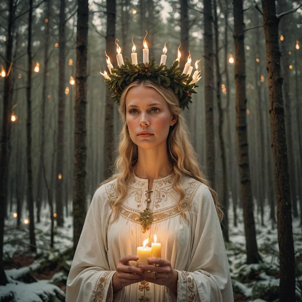 Swedish Lucia in Winter Forest with Golden Glow