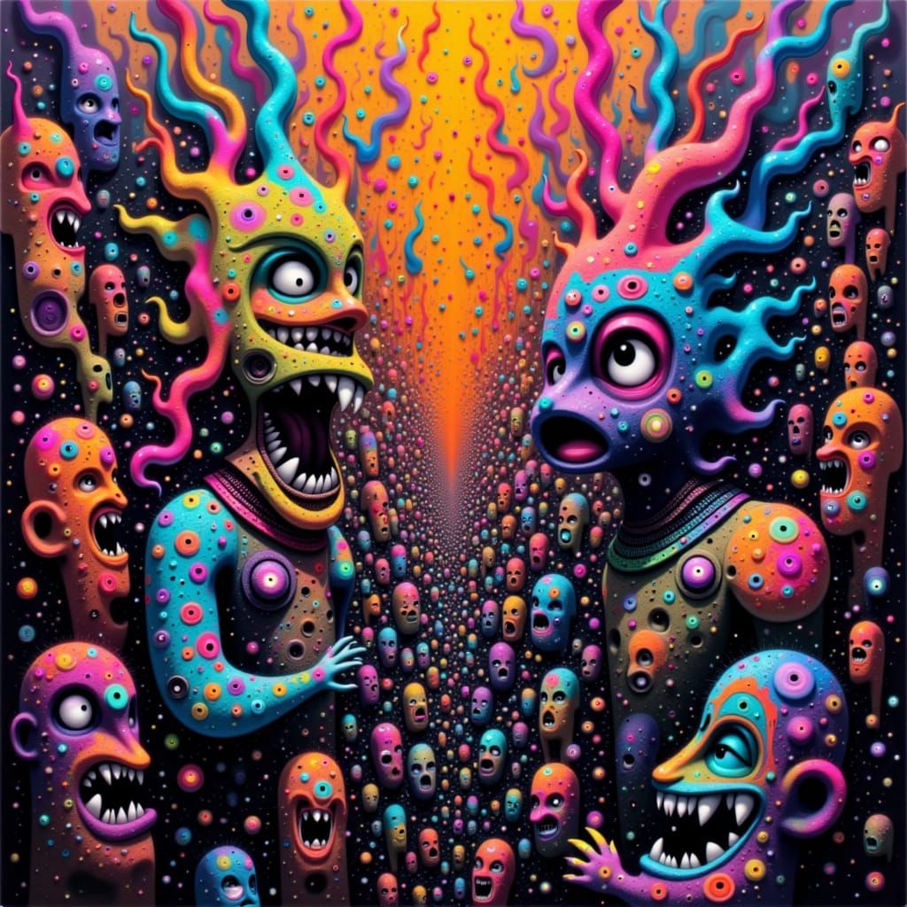 Tiki Figures Erupting in Vibrant Abstract Expressionist Colo...