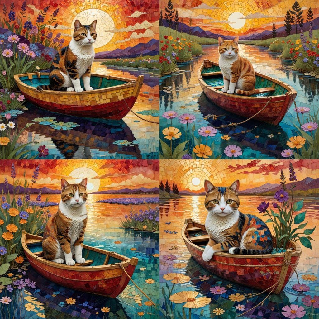 Cat at Sunset in a Kintsugi-Inspired Boat on a River