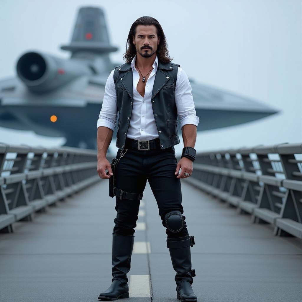 Man on Spaceship Bridge with Leather Vest