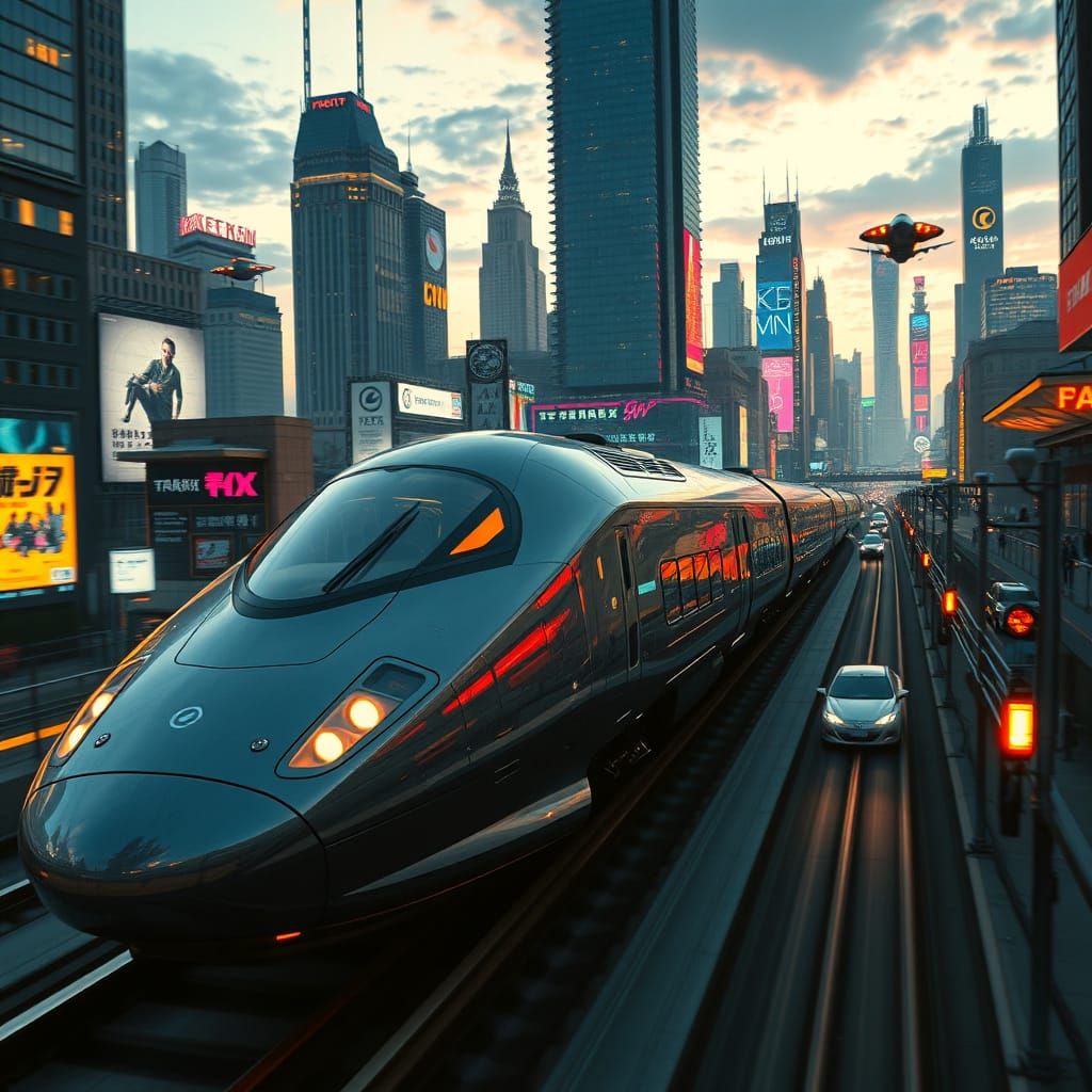 Cyberpunk Bullet Train Speeds Through Future City