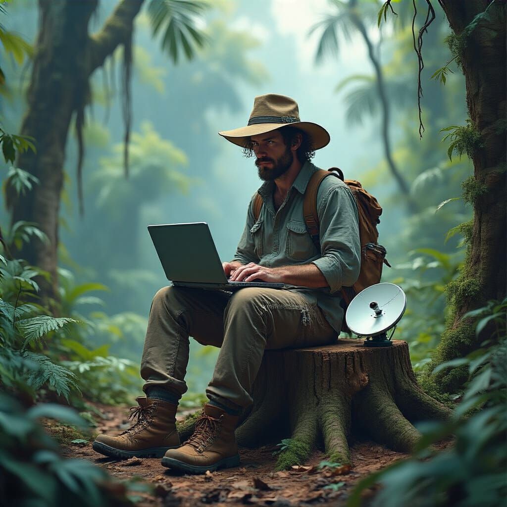 Remote Worker in Amazon Rainforest, Digital Painting Style