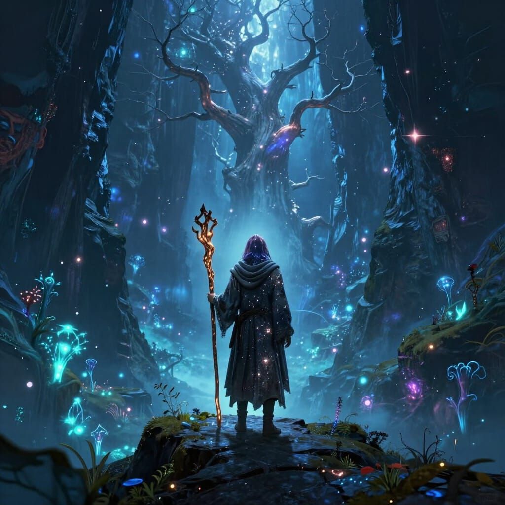 Starlight Wanderer on Bioluminescent Canyon Edge