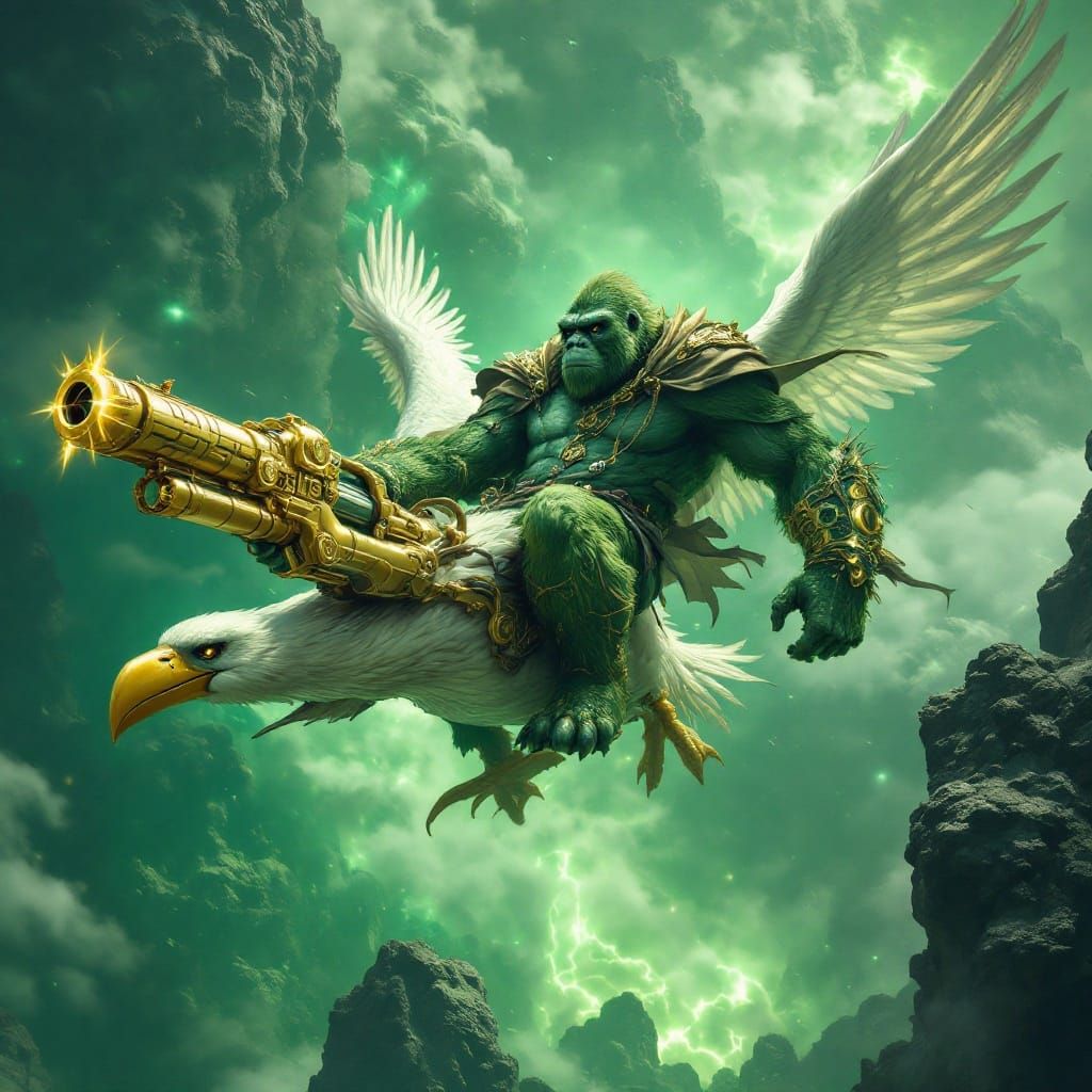 Green Gorilla Rides Gannet Over Ganymede in Photorealistic S...